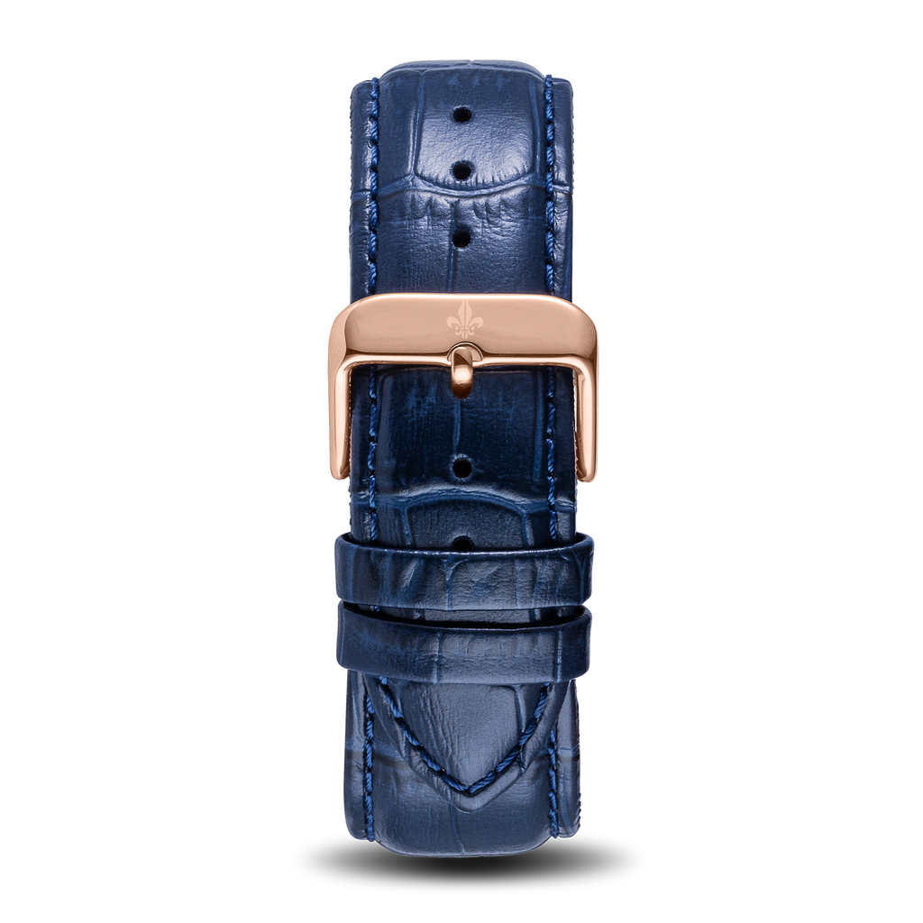 The Avalon Rose Gold + Blue Leather Croc Pattern Strap