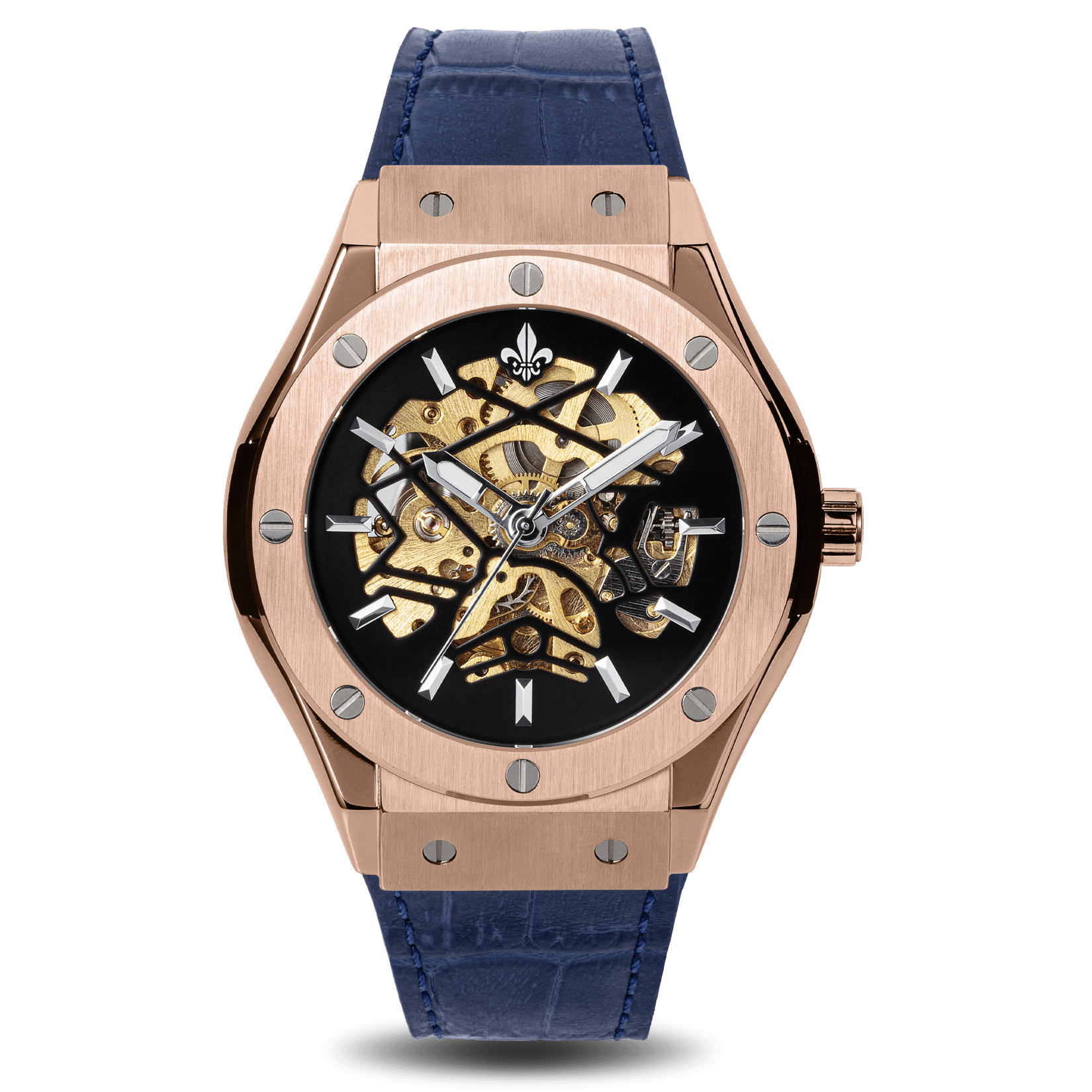 Prague Skeleton Automatic Deluxe - Rose Gold + Blue Leather Strap